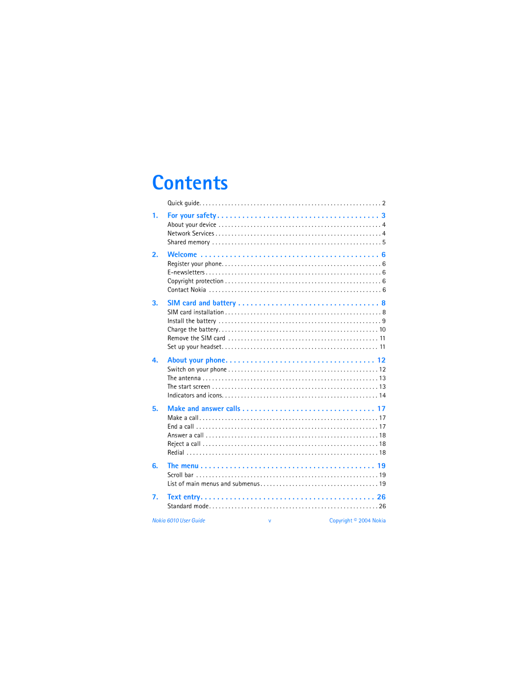 Nokia 6010 warranty Contents 