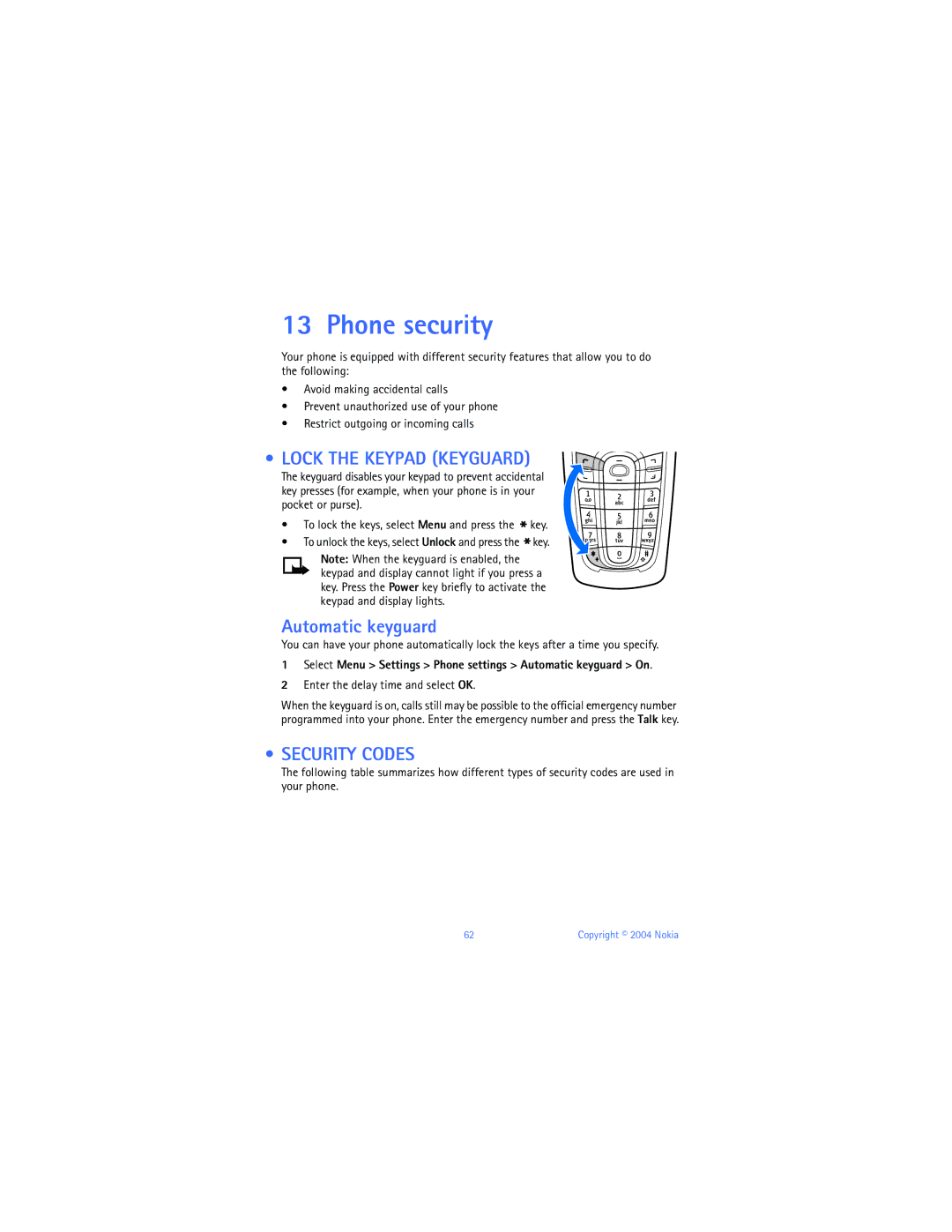 Nokia 6010 warranty Phone security, Lock the Keypad Keyguard, Automatic keyguard, Security Codes 