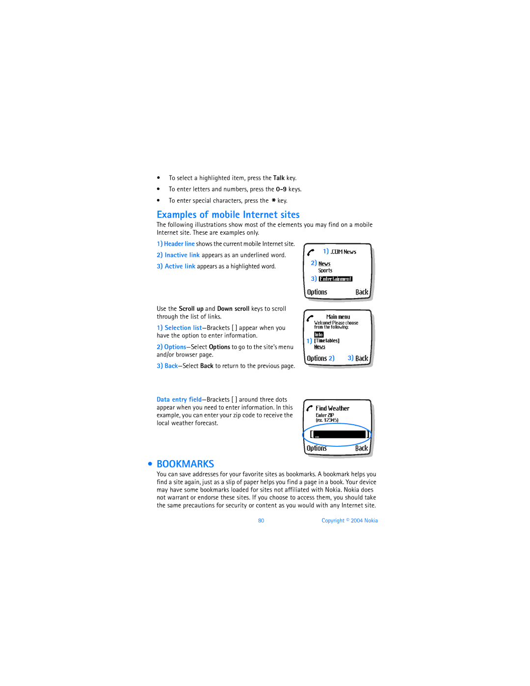 Nokia 6010 warranty Examples of mobile Internet sites, Bookmarks, Active link appears as a highlighted word 