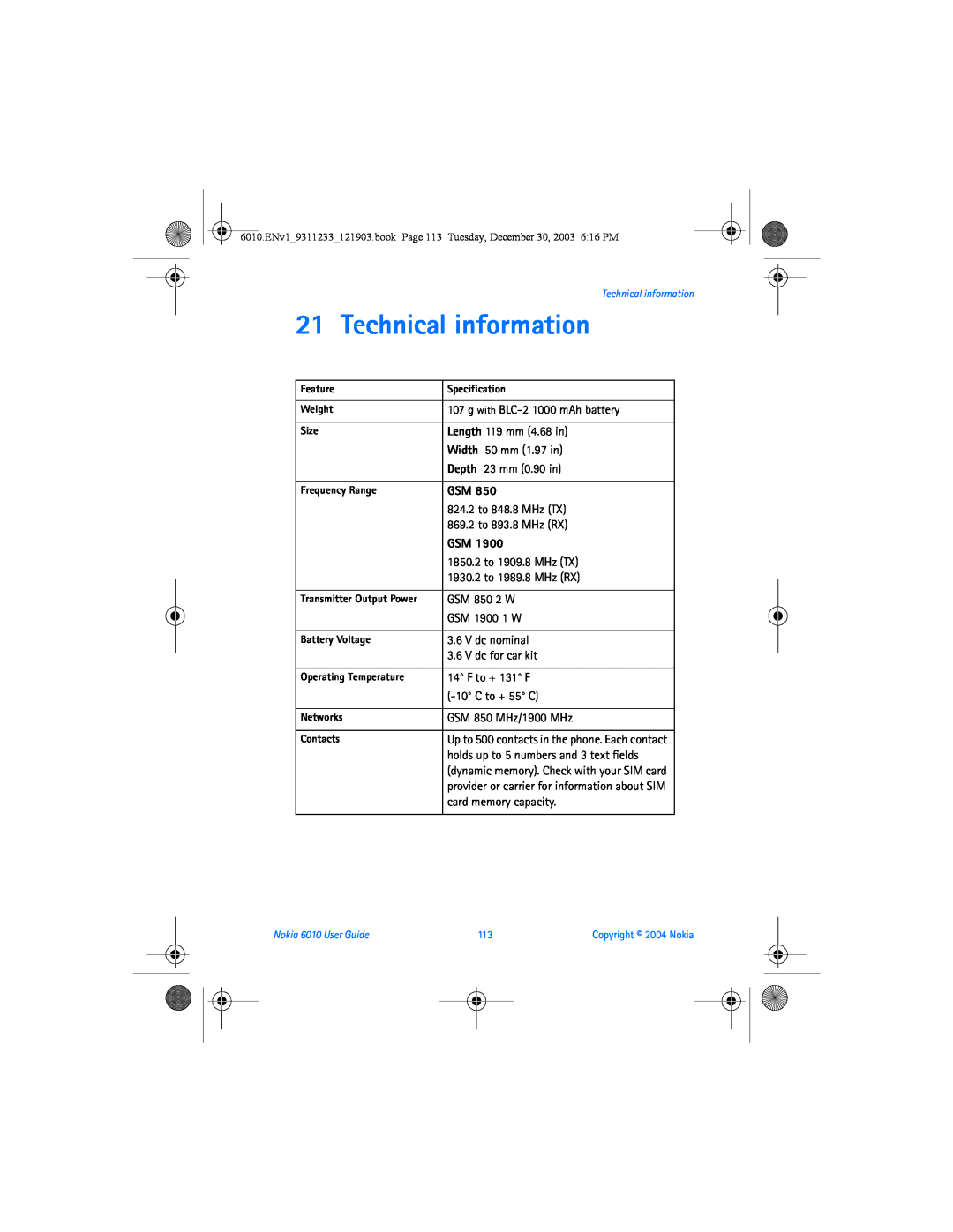 Nokia 6010 manual Technical information 