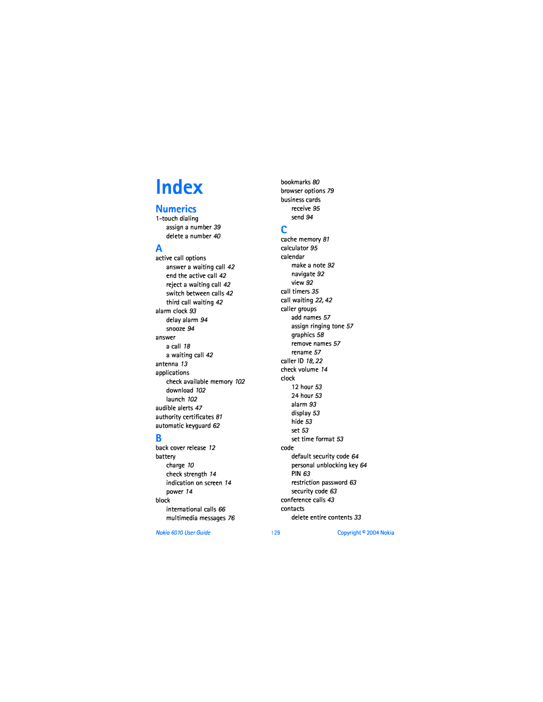 Nokia 6010 warranty Index, Numerics 