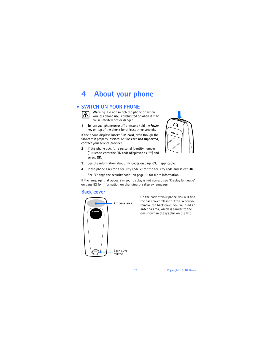 Nokia 6010 warranty About your phone, Switch On Your Phone, Back cover 
