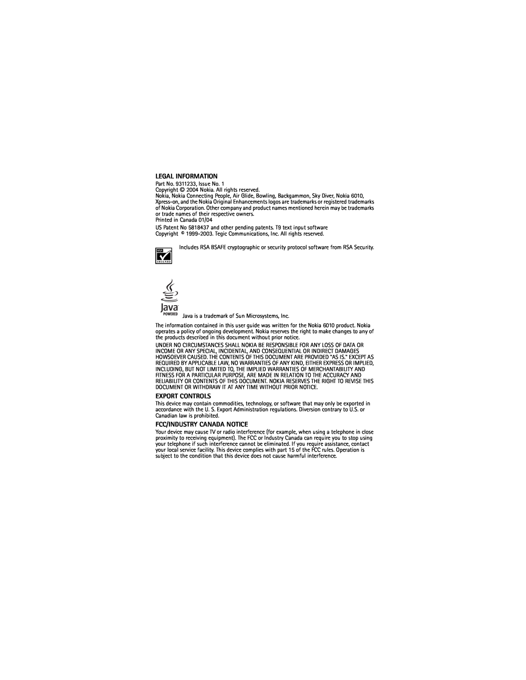 Nokia 6010 warranty Legal Information, Export Controls, Fcc/Industry Canada Notice, Printed in Canada 01/04 