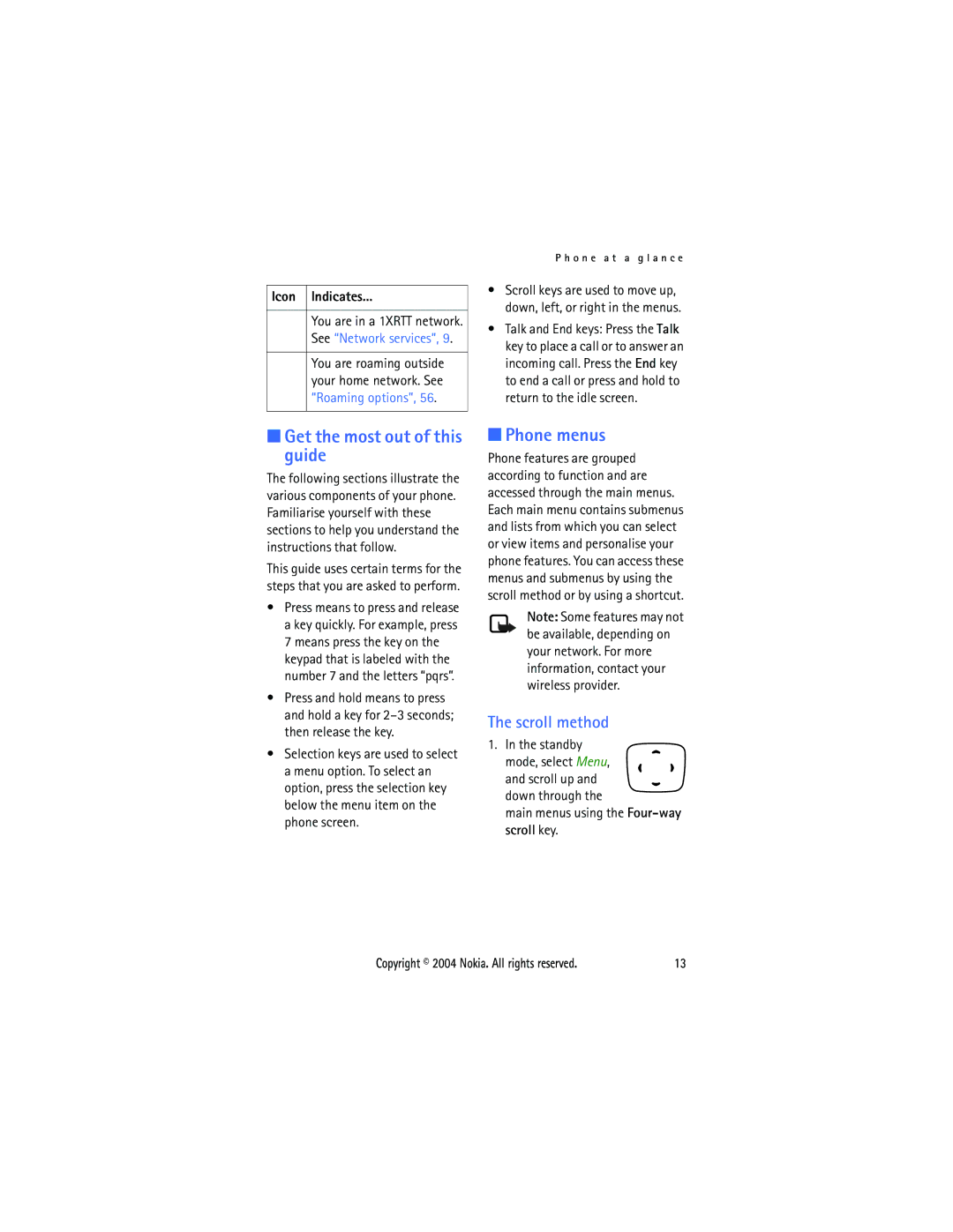 Nokia 6015 manual Get the most out of this guide, Phone menus, Scroll method, Main menus using the Four-way scroll key 