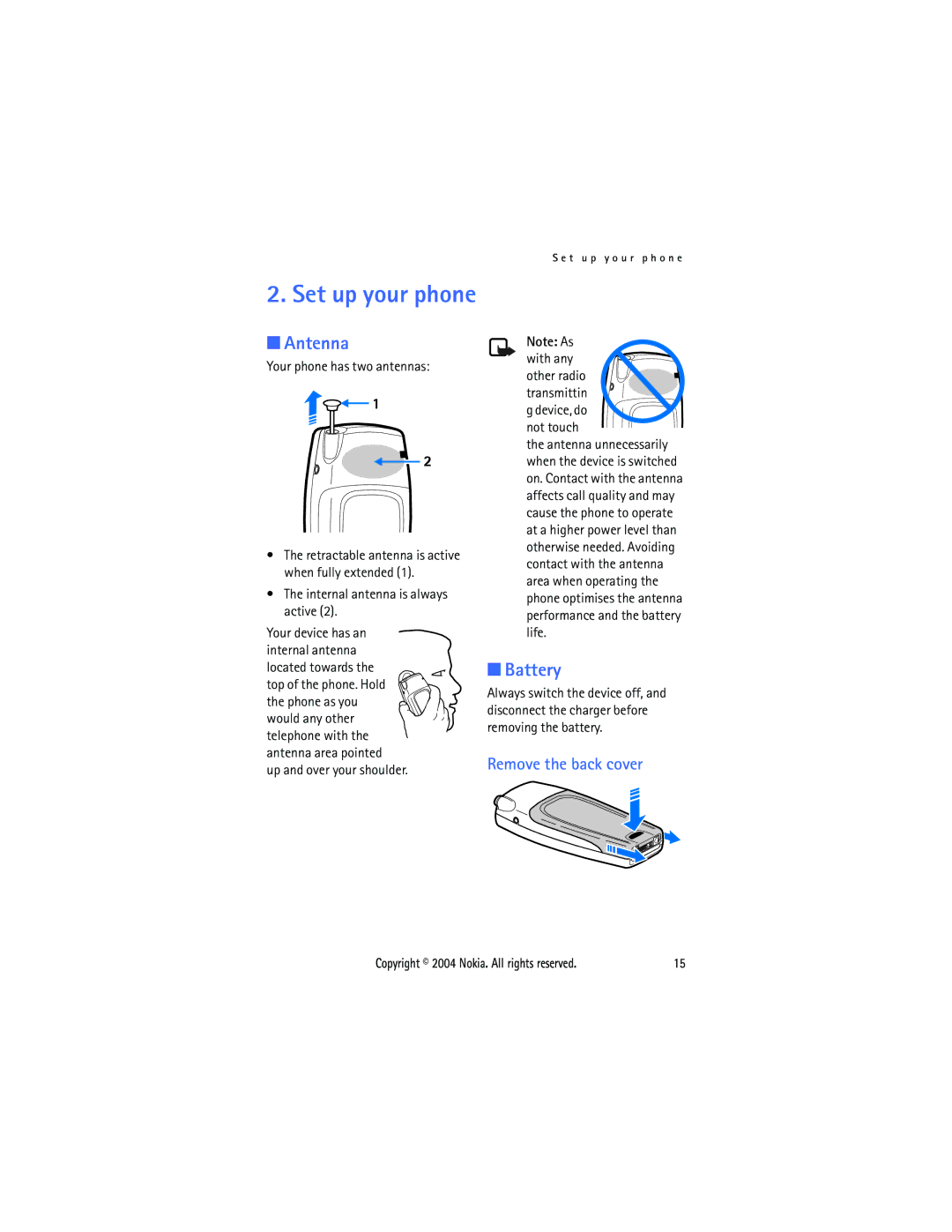 Nokia 6015 manual Set up your phone, Antenna, Battery, Remove the back cover 