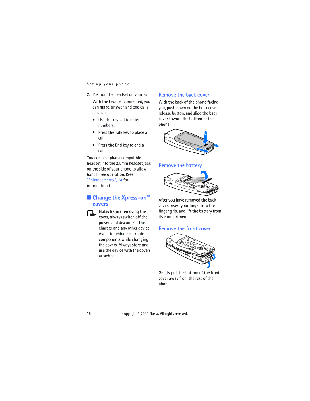 Nokia 6015 manual Change the Xpress-on covers, Remove the front cover 