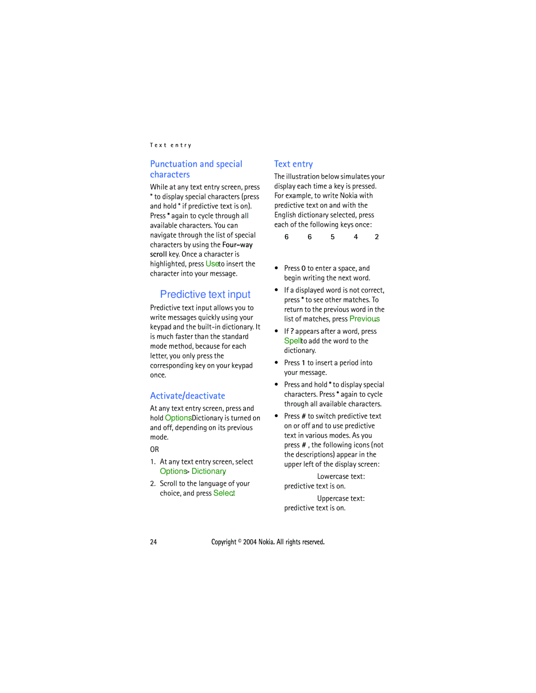 Nokia 6015 manual Predictive text input, Punctuation and special characters, Activate/deactivate, Text entry 