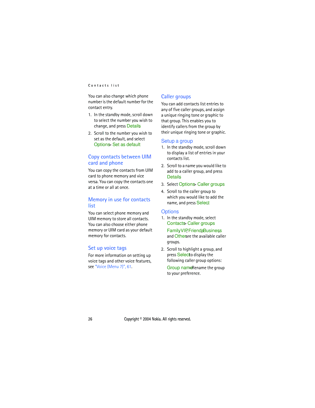 Nokia 6015 Copy contacts between UIM card and phone, Memory in use for contacts list, Set up voice tags, Caller groups 