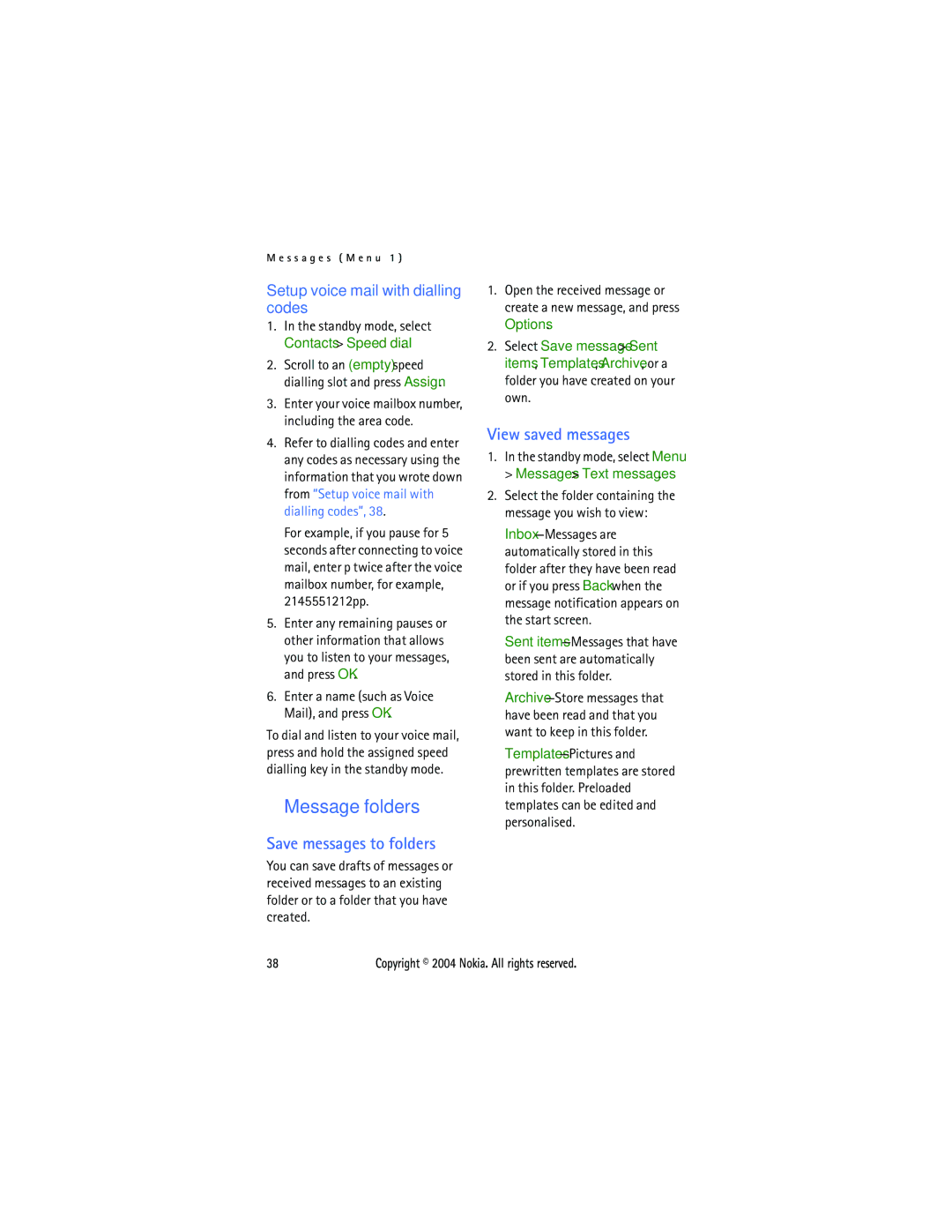 Nokia 6015 manual Message folders, Save messages to folders, View saved messages, Setup voice mail with dialling codes 