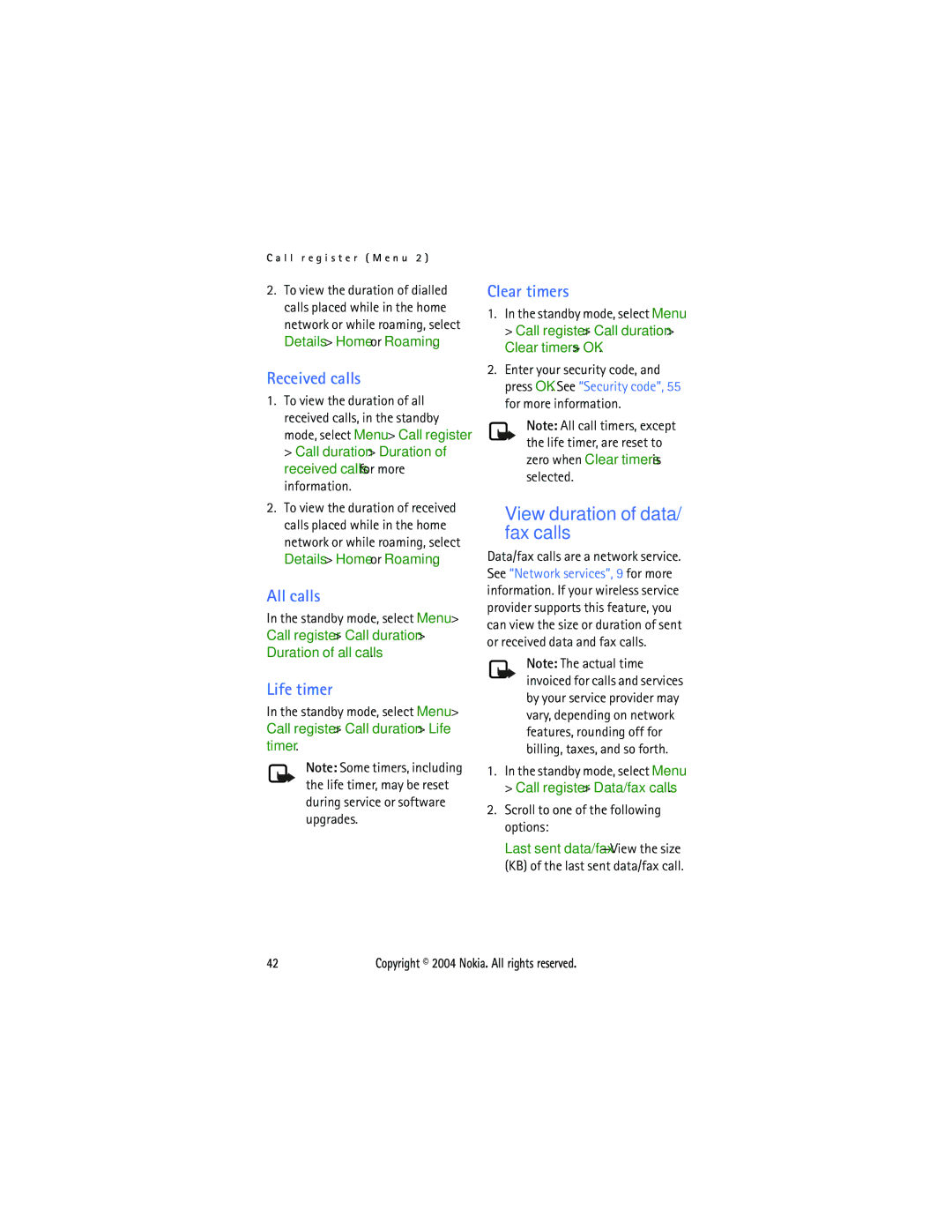 Nokia 6015 manual View duration of data/ fax calls, Received calls, All calls, Life timer, Clear timers 