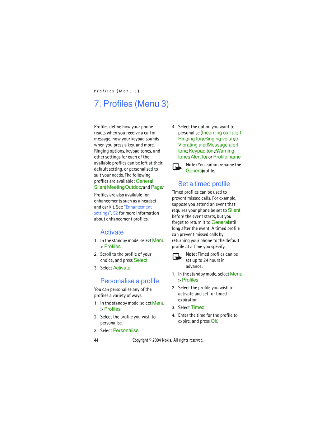 Nokia 6015 manual Profiles Menu, Activate, Personalise a profile, Set a timed profile, Select Personalise 