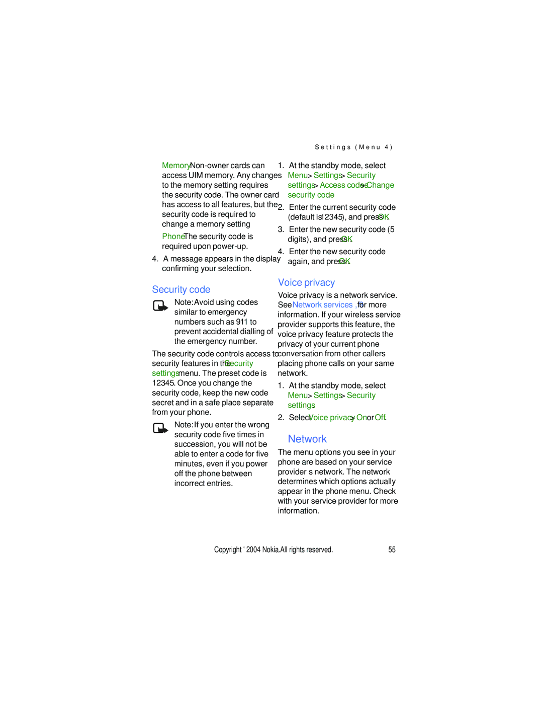 Nokia 6015 manual Network, Security code, Voice privacy, At the standby mode, select Menu Settings Security settings 