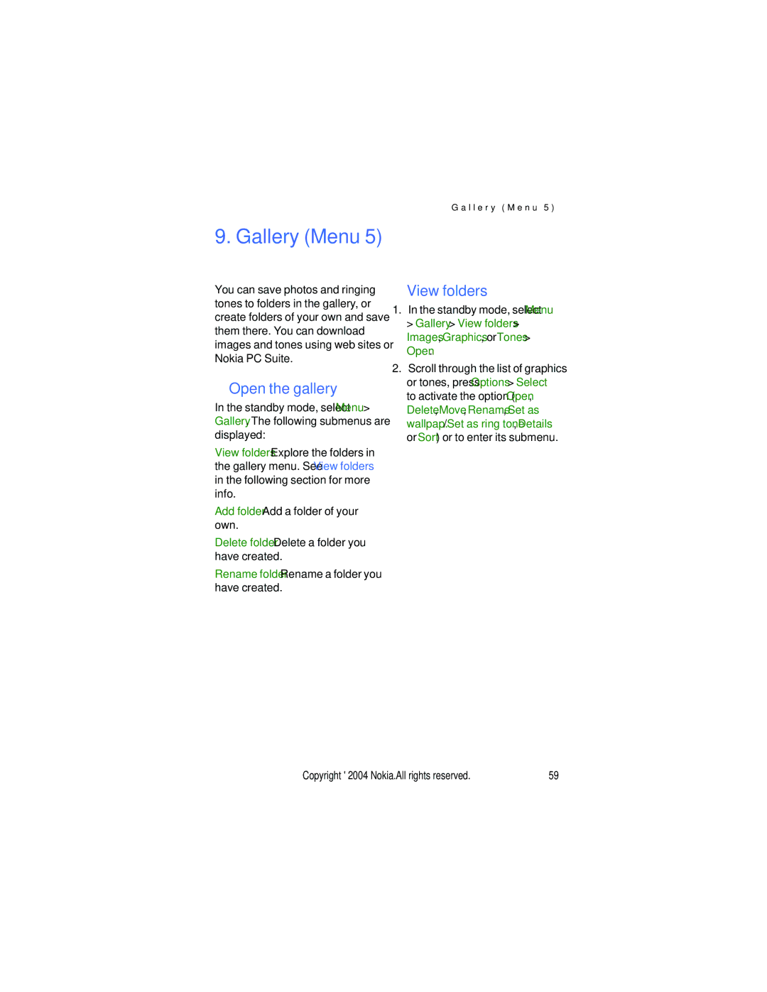 Nokia 6015 manual Gallery Menu, Open the gallery, View folders 