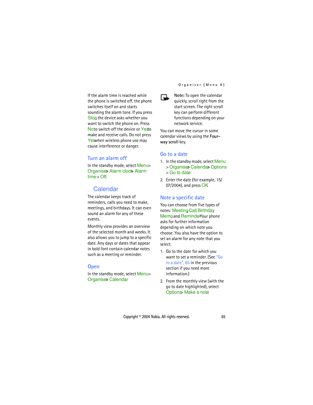 Nokia 6015 manual Turn an alarm off, Open, Go to a date, Organiser Calendar Options Go to date 