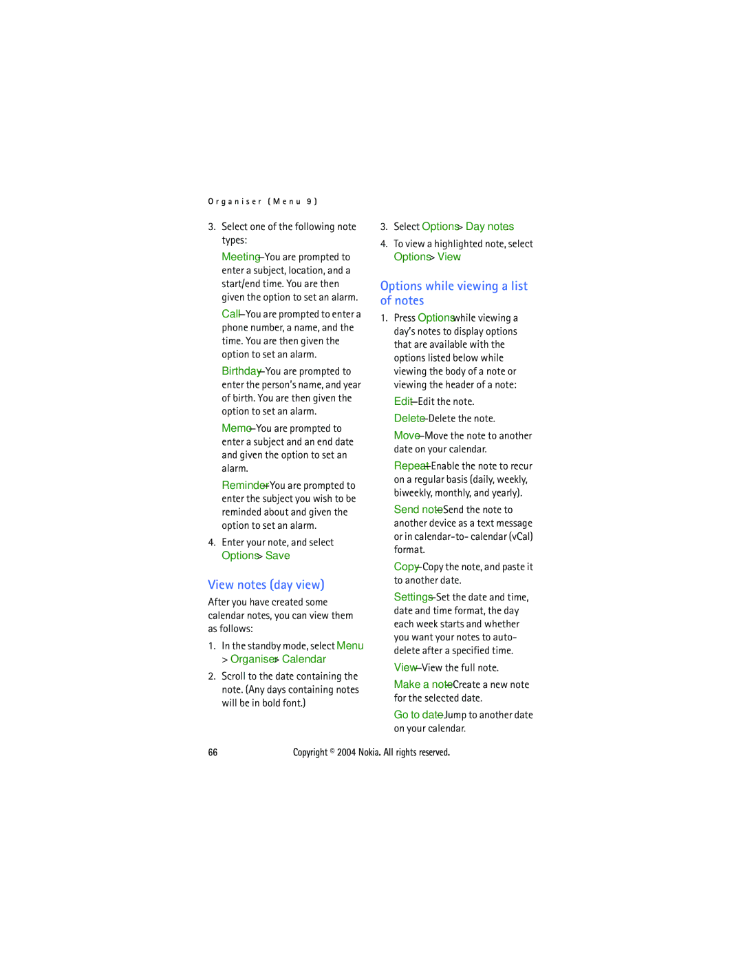 Nokia 6015 manual View notes day view, Options while viewing a list of notes, Select Options Day notes 