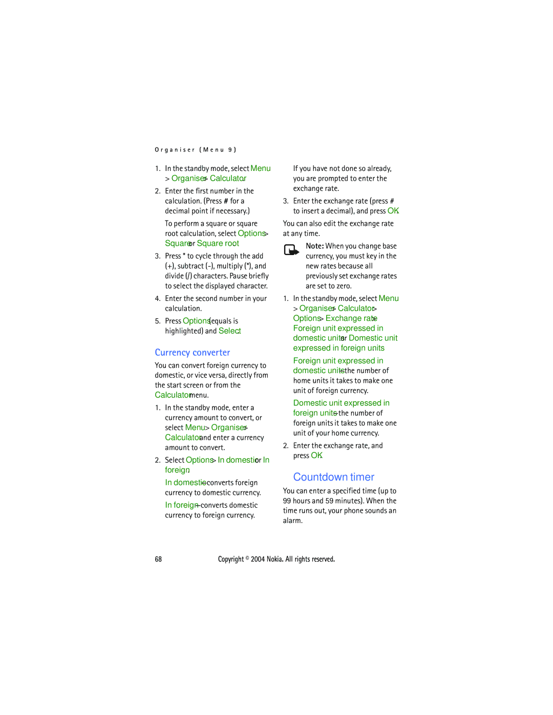 Nokia 6015 manual Countdown timer, Currency converter, Select Options In domestic or In foreign 