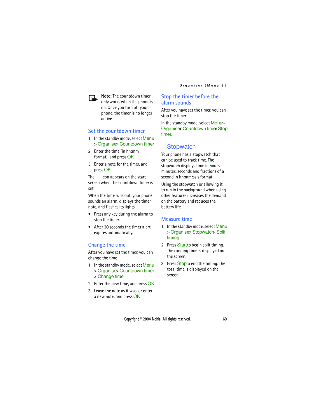 Nokia 6015 manual Stopwatch, Set the countdown timer, Change the time, Stop the timer before the alarm sounds, Measure time 