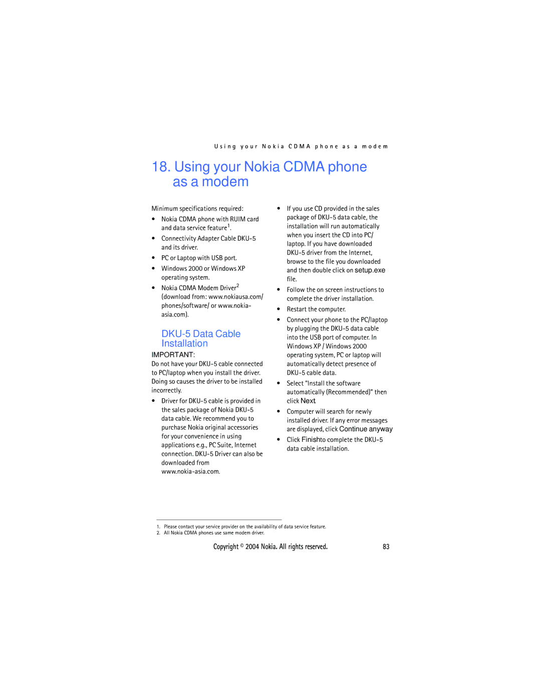 Nokia 6015 manual Using your Nokia Cdma phone as a modem, DKU-5 Data Cable Installation, Minimum specifications required 