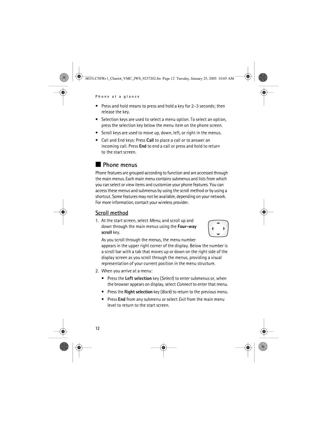 Nokia 6015i manual Phone menus, Scroll method, When you arrive at a menu 