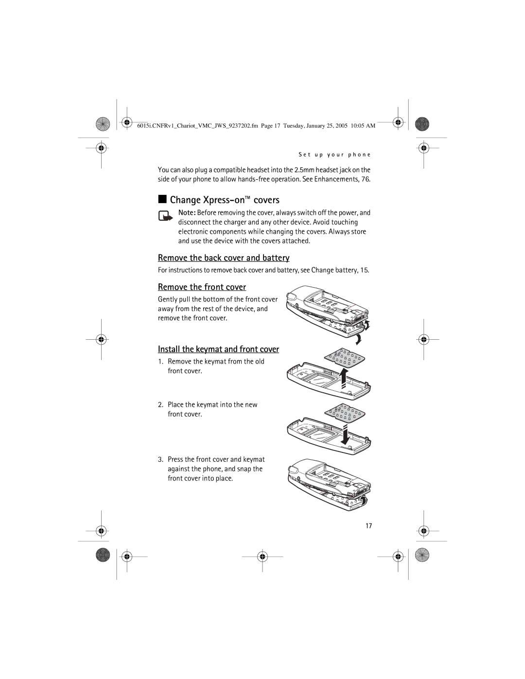 Nokia 6015i manual Change Xpress-on covers, Remove the back cover and battery, Remove the front cover 