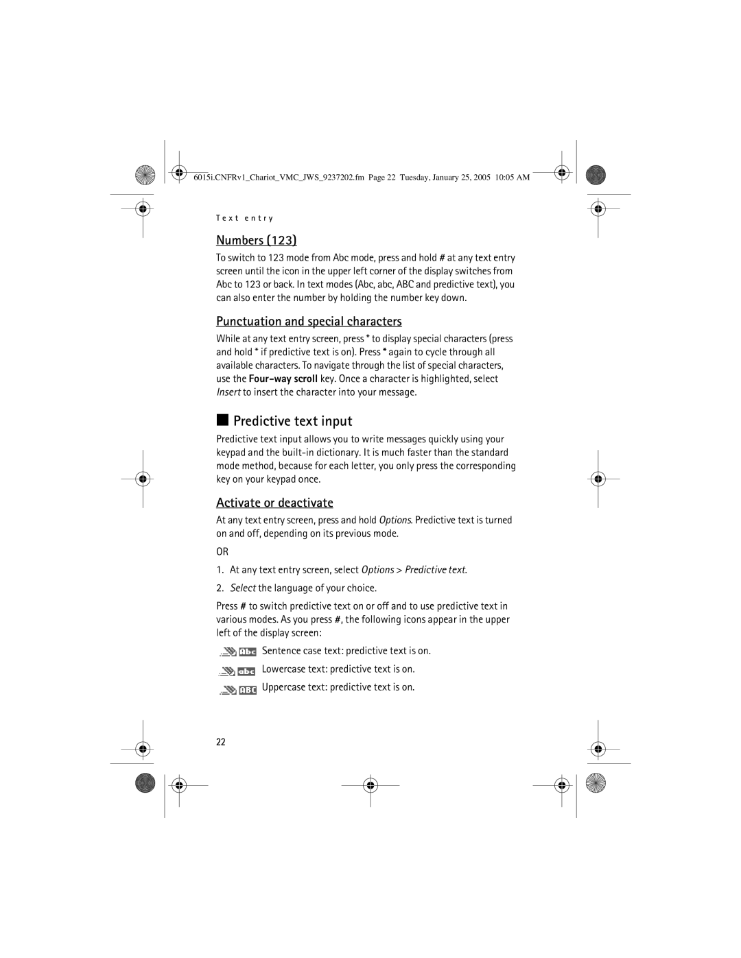 Nokia 6015i manual Predictive text input, Numbers, Punctuation and special characters, Activate or deactivate 