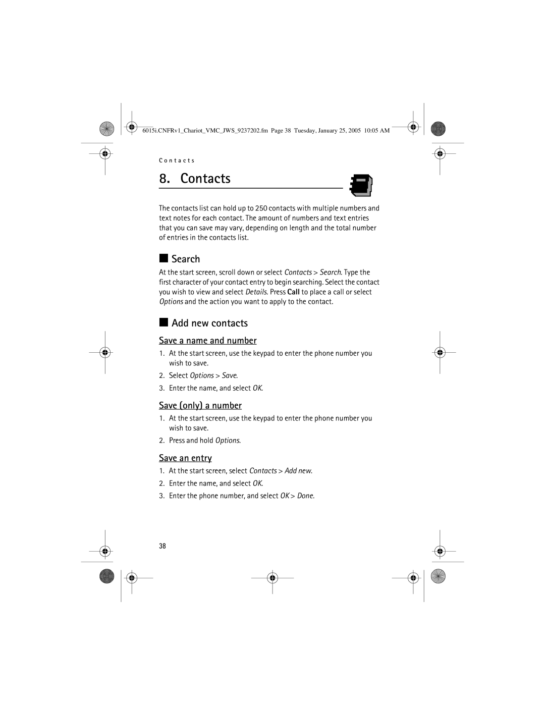 Nokia 6015i manual Contacts, Search, Add new contacts 