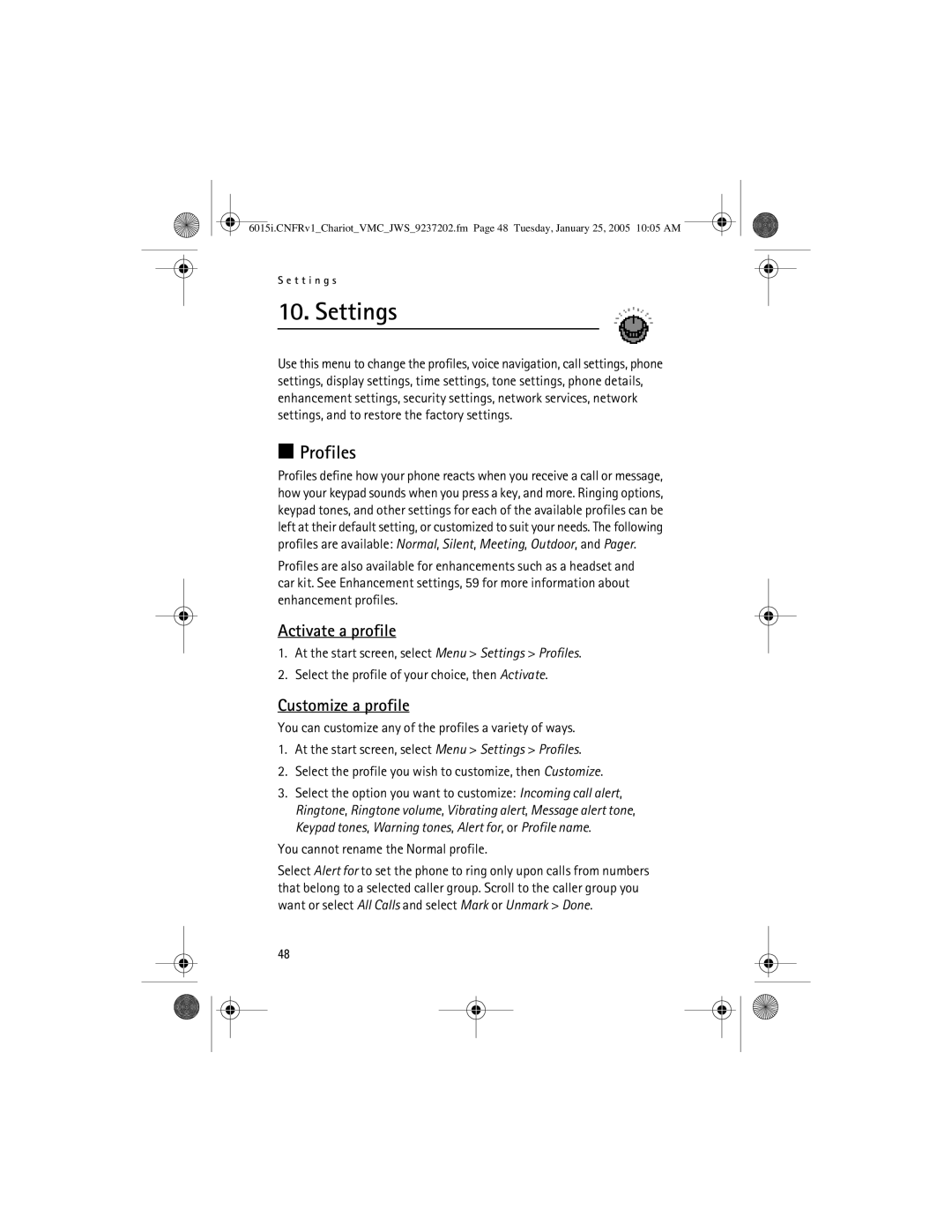 Nokia 6015i manual Settings, Profiles, Activate a profile, Customize a profile, You cannot rename the Normal profile 