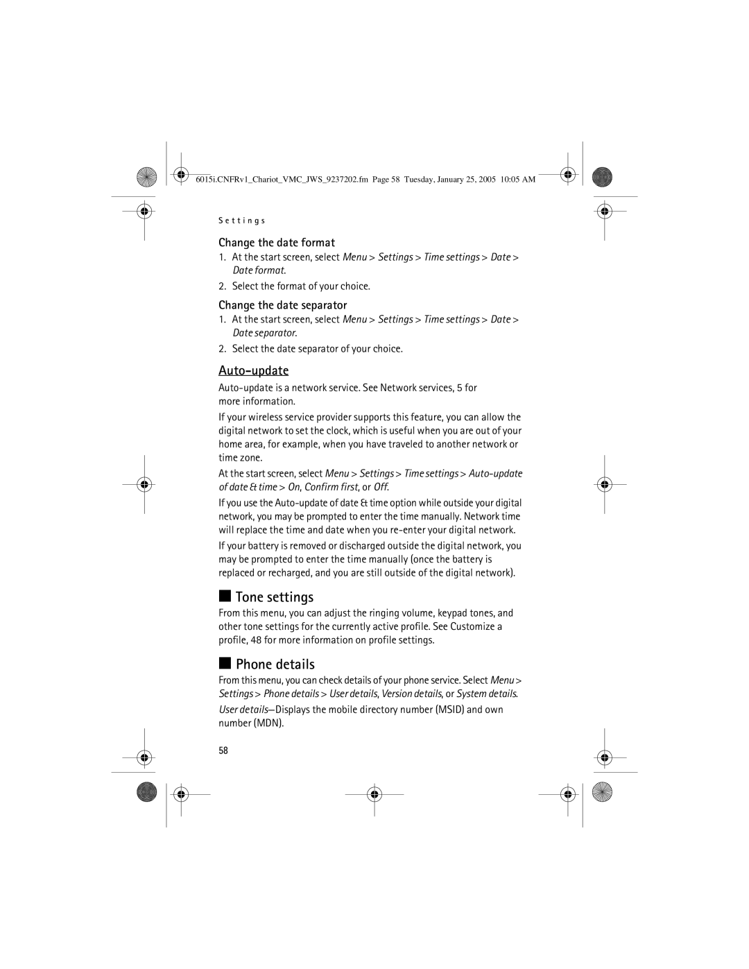 Nokia 6015i manual Tone settings, Phone details, Auto-update, Change the date format, Change the date separator 