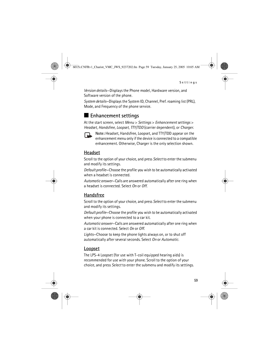 Nokia 6015i manual Enhancement settings, Headset, Handsfree, Loopset 