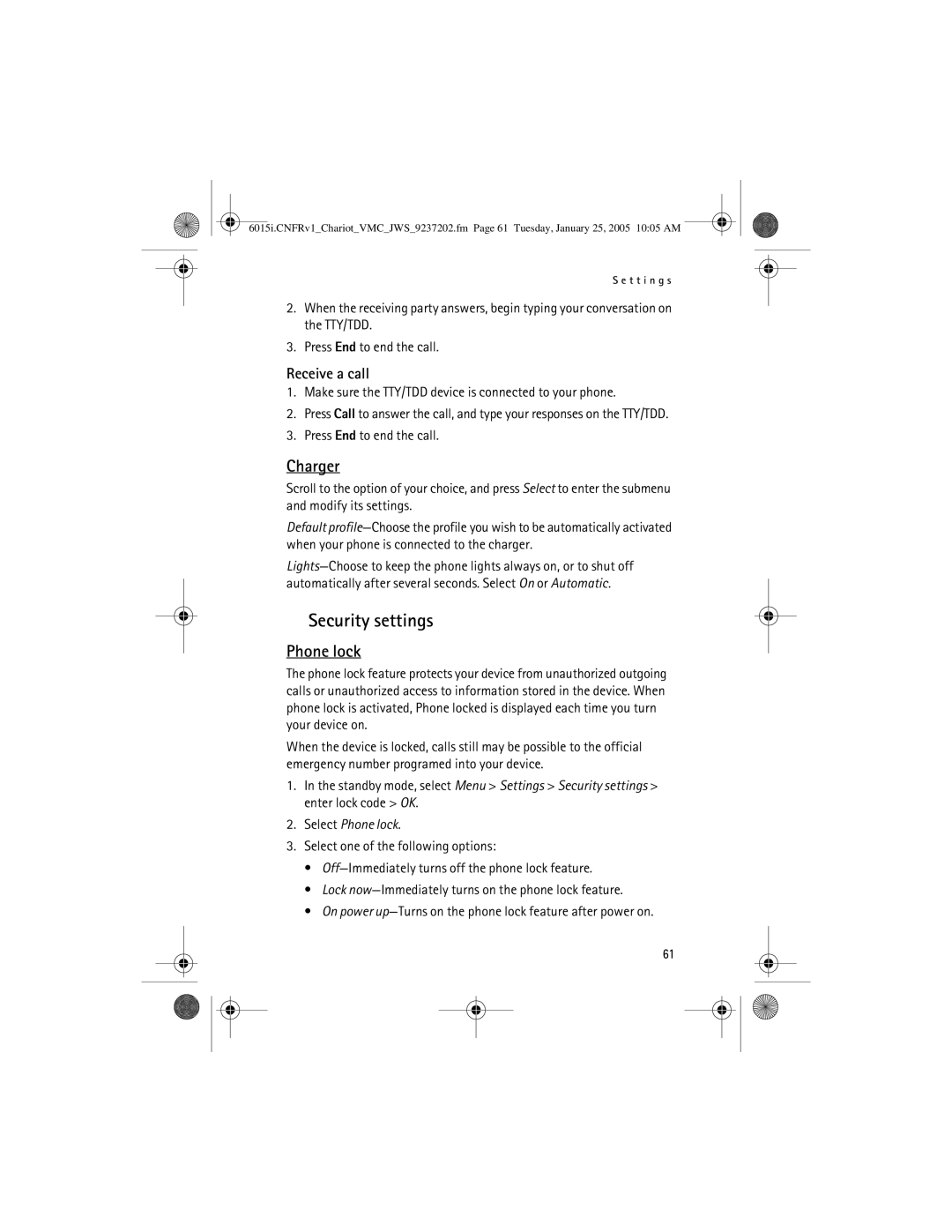 Nokia 6015i manual Security settings, Charger, Receive a call, Select Phone lock 