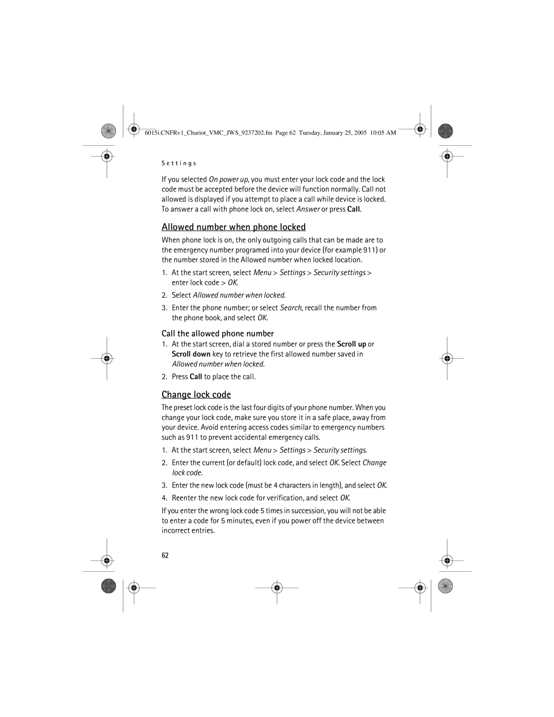 Nokia 6015i manual Allowed number when phone locked, Change lock code, Call the allowed phone number 