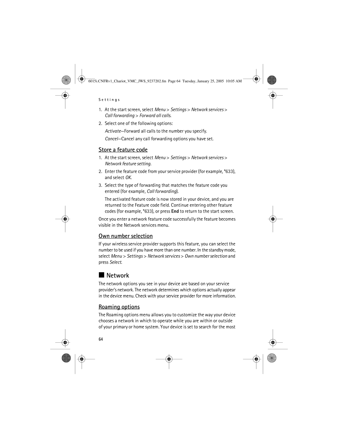 Nokia 6015i manual Network, Store a feature code, Own number selection, Roaming options 