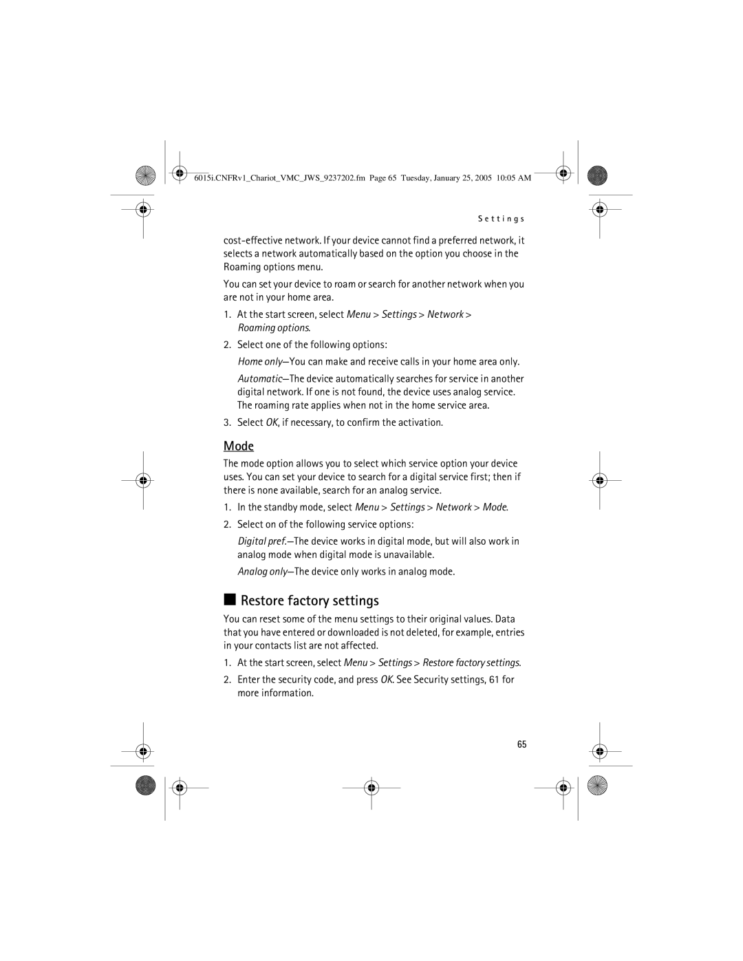 Nokia 6015i manual Restore factory settings, Mode, Select OK, if necessary, to confirm the activation 