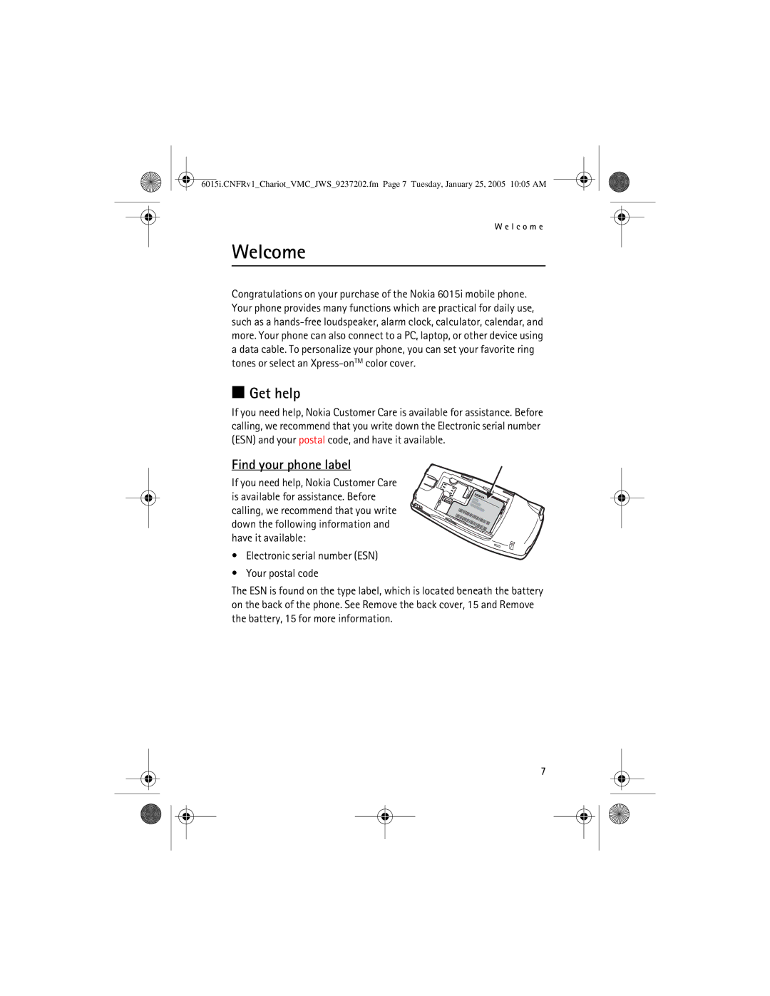 Nokia 6015i manual Welcome, Get help, Find your phone label 