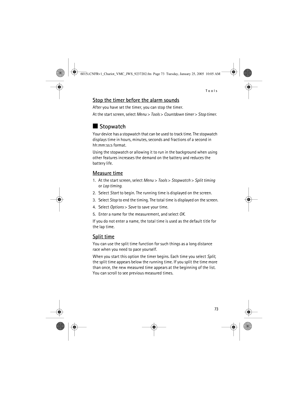 Nokia 6015i manual Stopwatch, Stop the timer before the alarm sounds, Measure time, Split time 