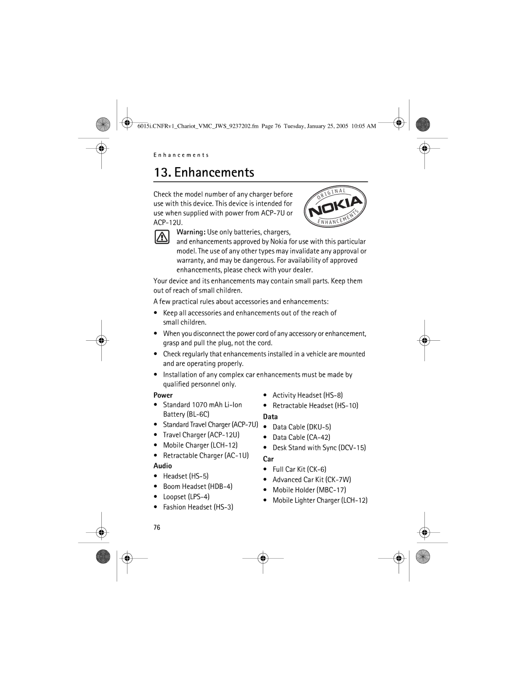 Nokia 6015i manual Enhancements, Power, Data, Car, Audio 