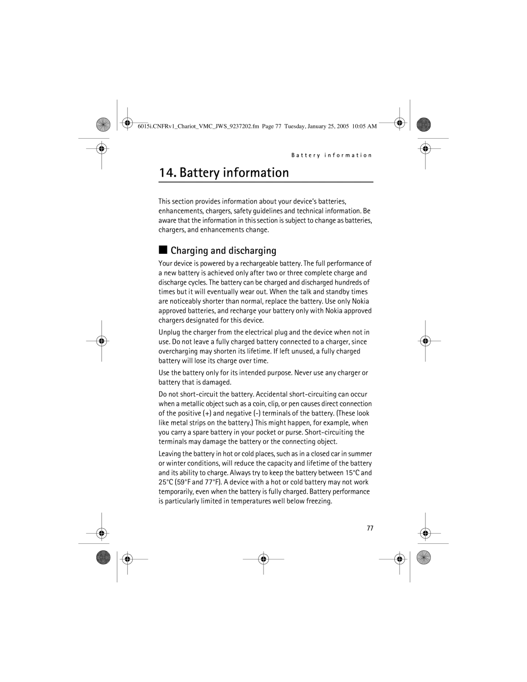 Nokia 6015i manual Battery information, Charging and discharging 