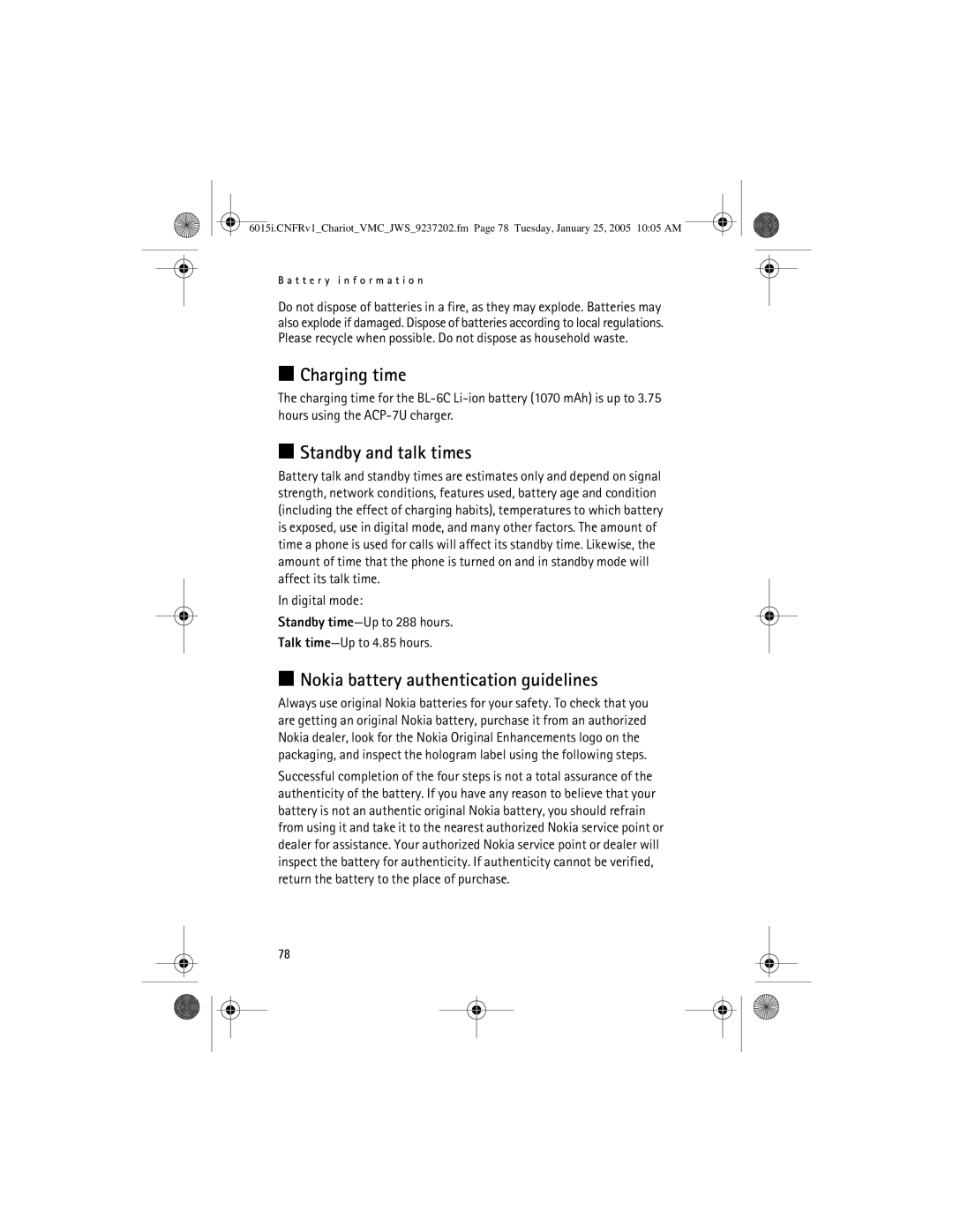 Nokia 6015i manual Charging time, Standby and talk times, Nokia battery authentication guidelines 