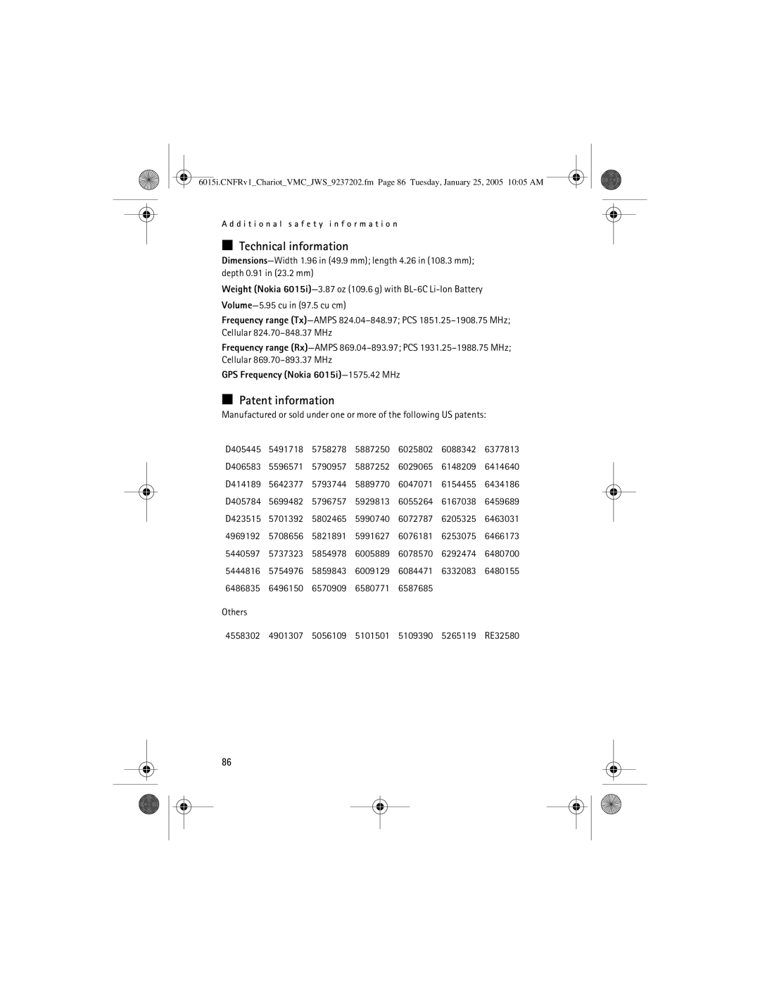 Nokia 6015i manual Technical information, Patent information 