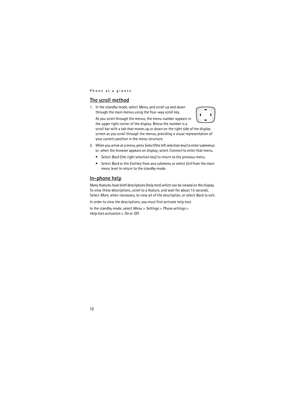 Nokia 6016i manual Scroll method, In-phone help 