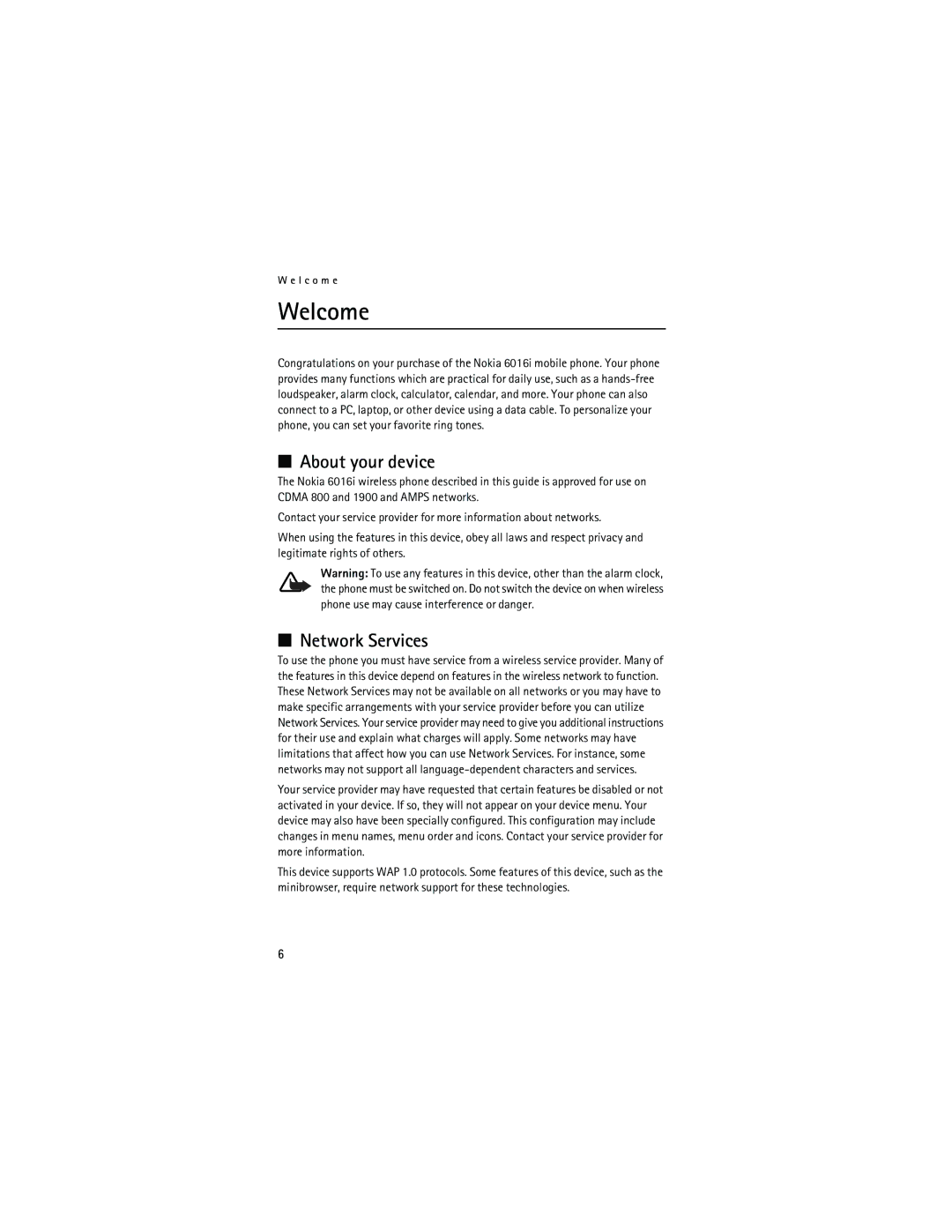 Nokia 6016i manual Welcome, About your device, Network Services 