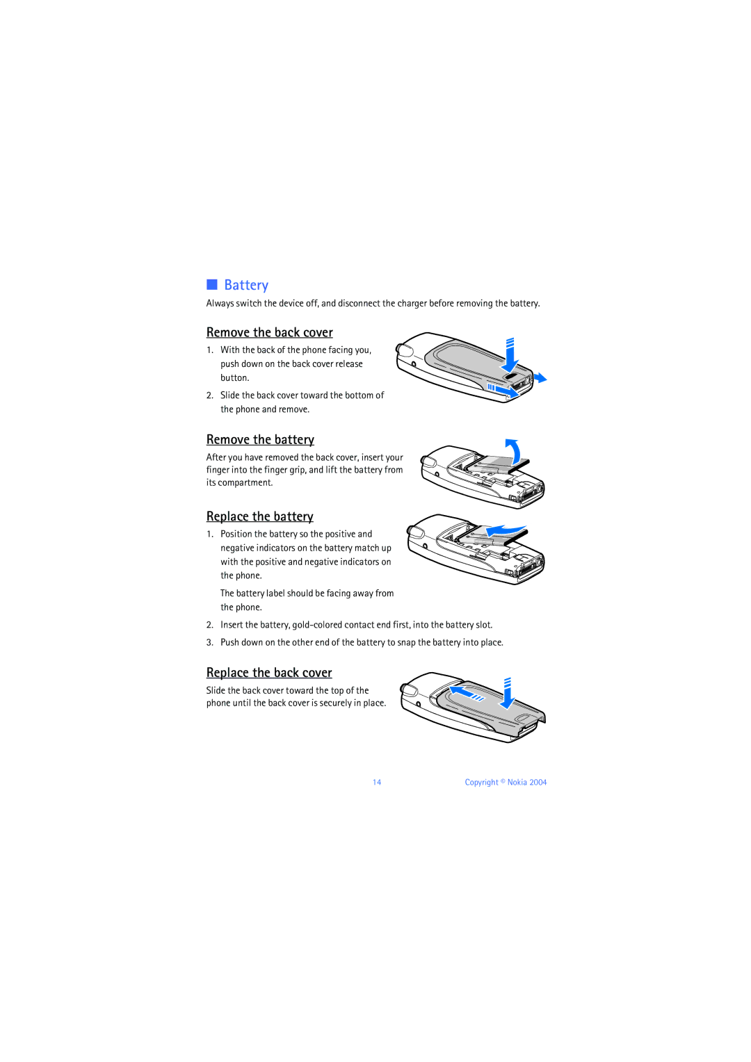 Nokia 6019i warranty Battery, Remove the back cover, Remove the battery, Replace the battery, Replace the back cover 