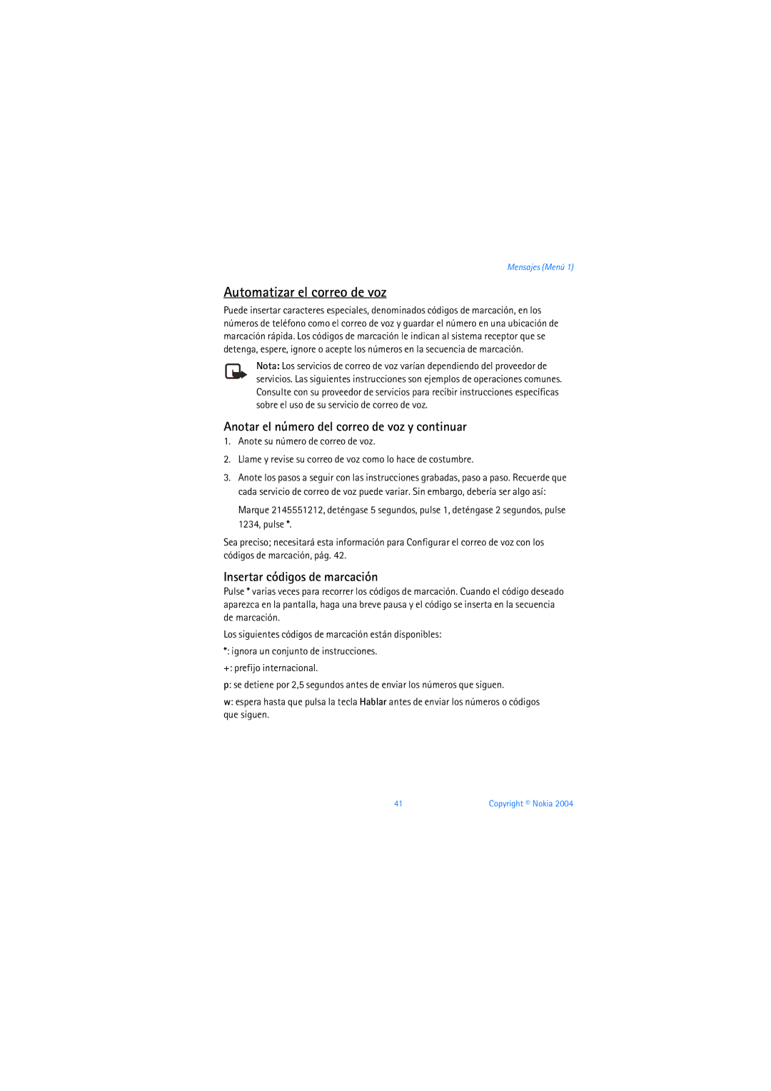 Nokia 6019i Automatizar el correo de voz, Anotar el número del correo de voz y continuar, Insertar códigos de marcación 