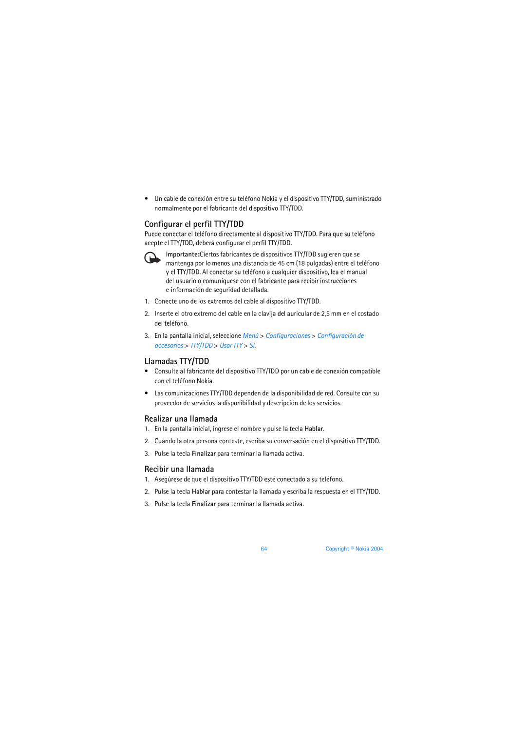 Nokia 6019i warranty Configurar el perfil TTY/TDD, Llamadas TTY/TDD, Realizar una llamada, Recibir una llamada 