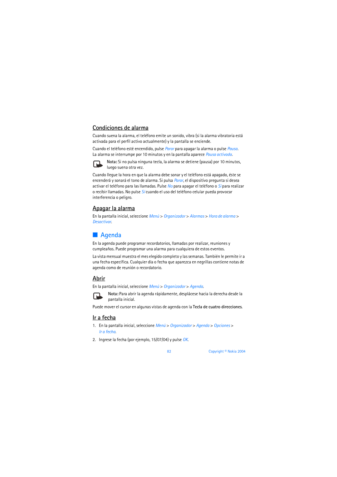 Nokia 6019i warranty Agenda, Condiciones de alarma, Apagar la alarma, Abrir, Ir a fecha 