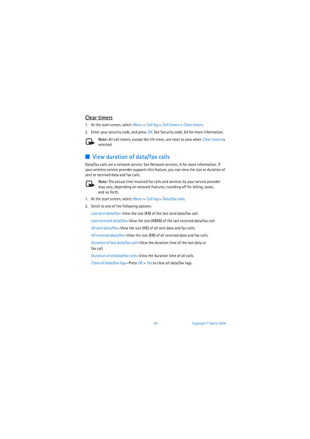 Nokia 6019i warranty View duration of data/fax calls, Clear timers 