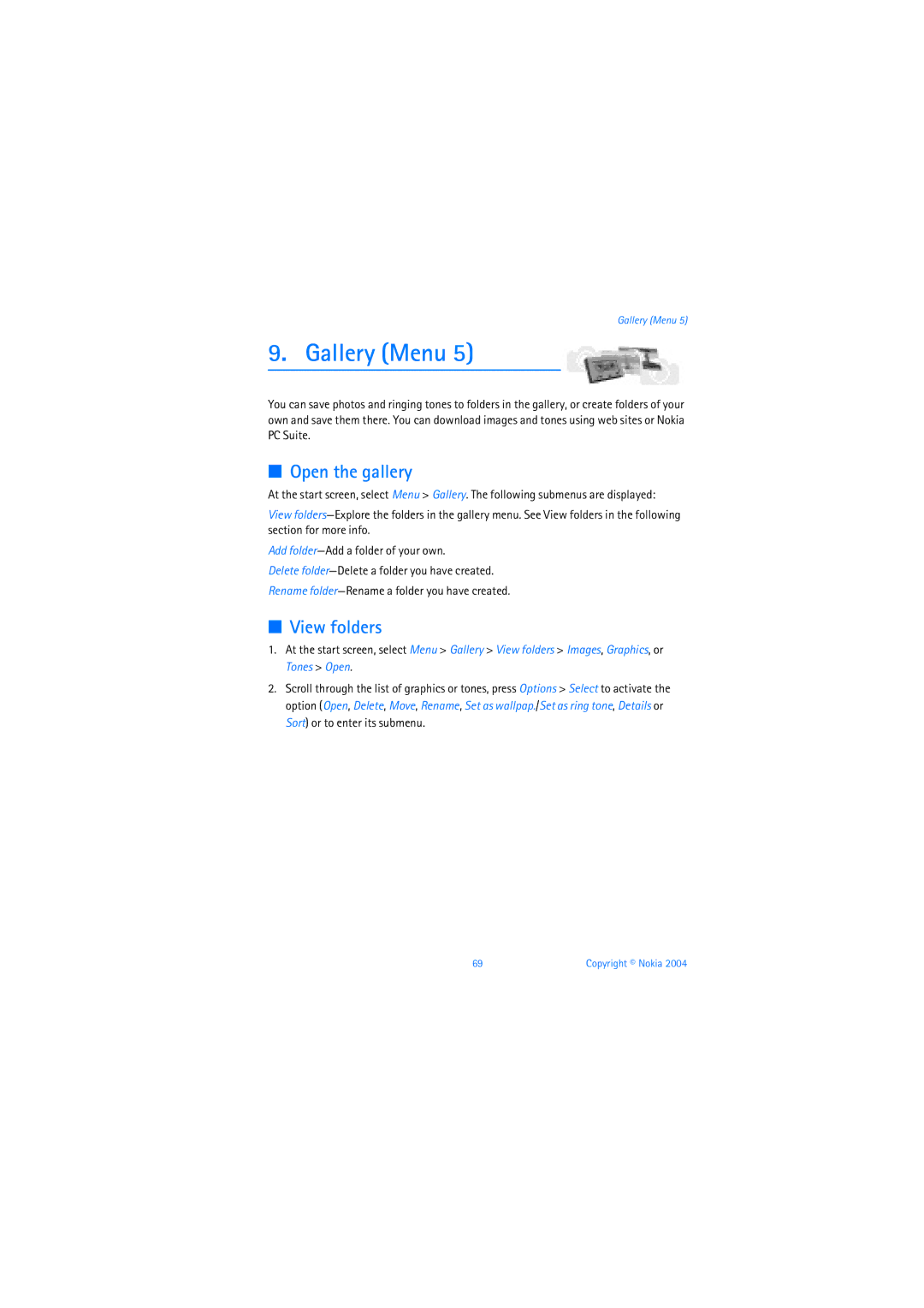 Nokia 6019i warranty Gallery Menu, Open the gallery, View folders 