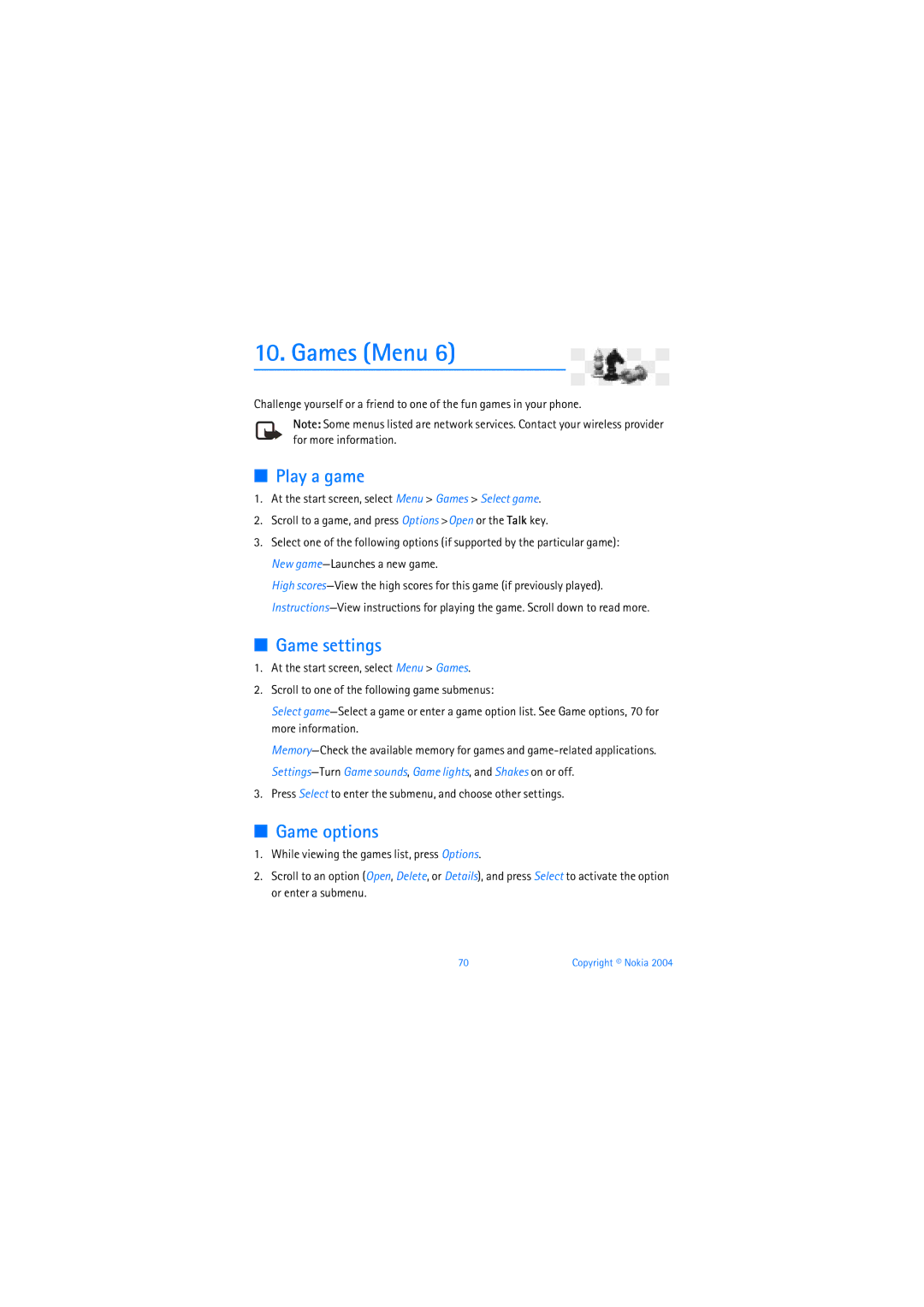 Nokia 6019i warranty Games Menu, Play a game, Game settings, Game options 