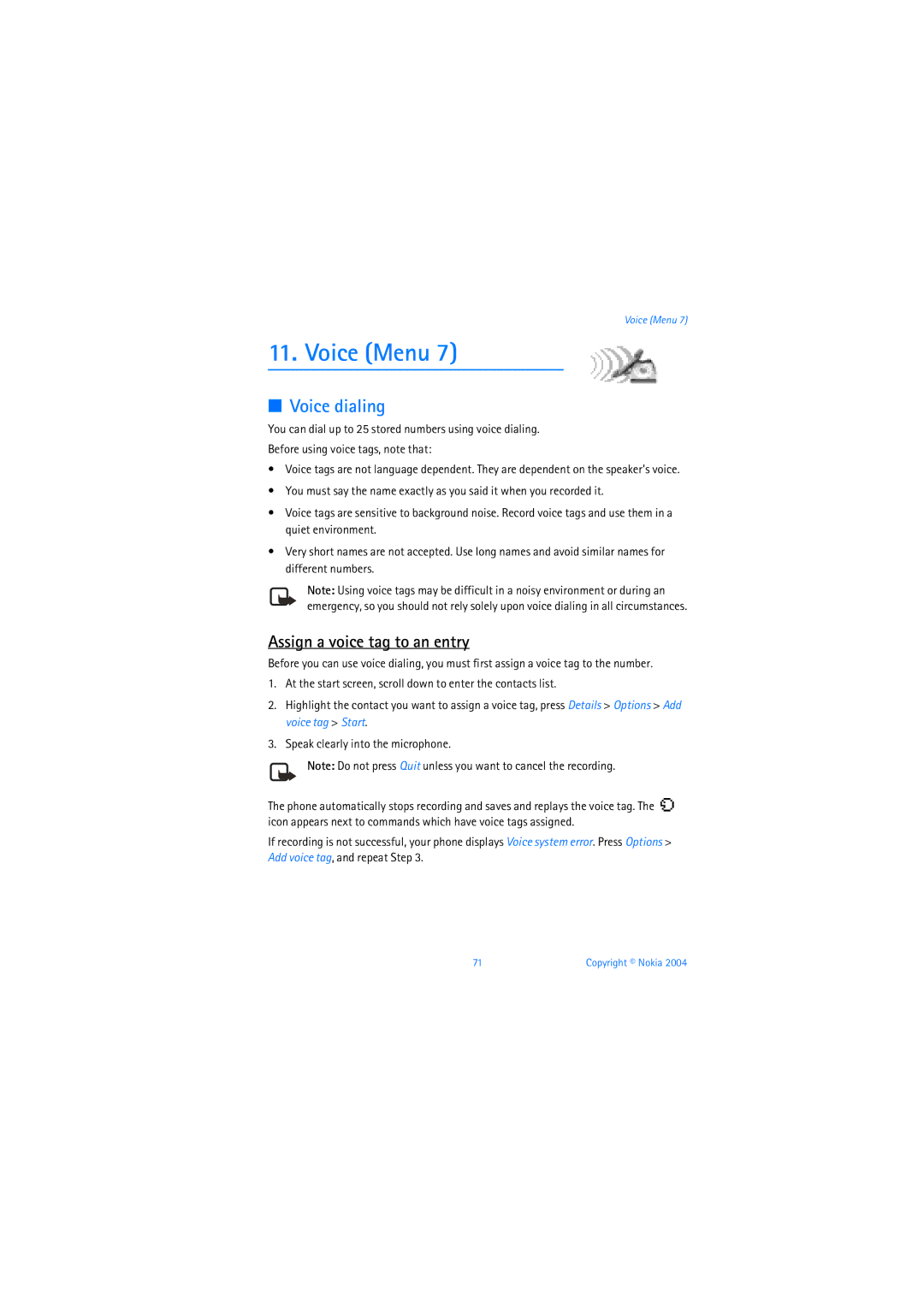 Nokia 6019i warranty Voice Menu, Voice dialing, Assign a voice tag to an entry 