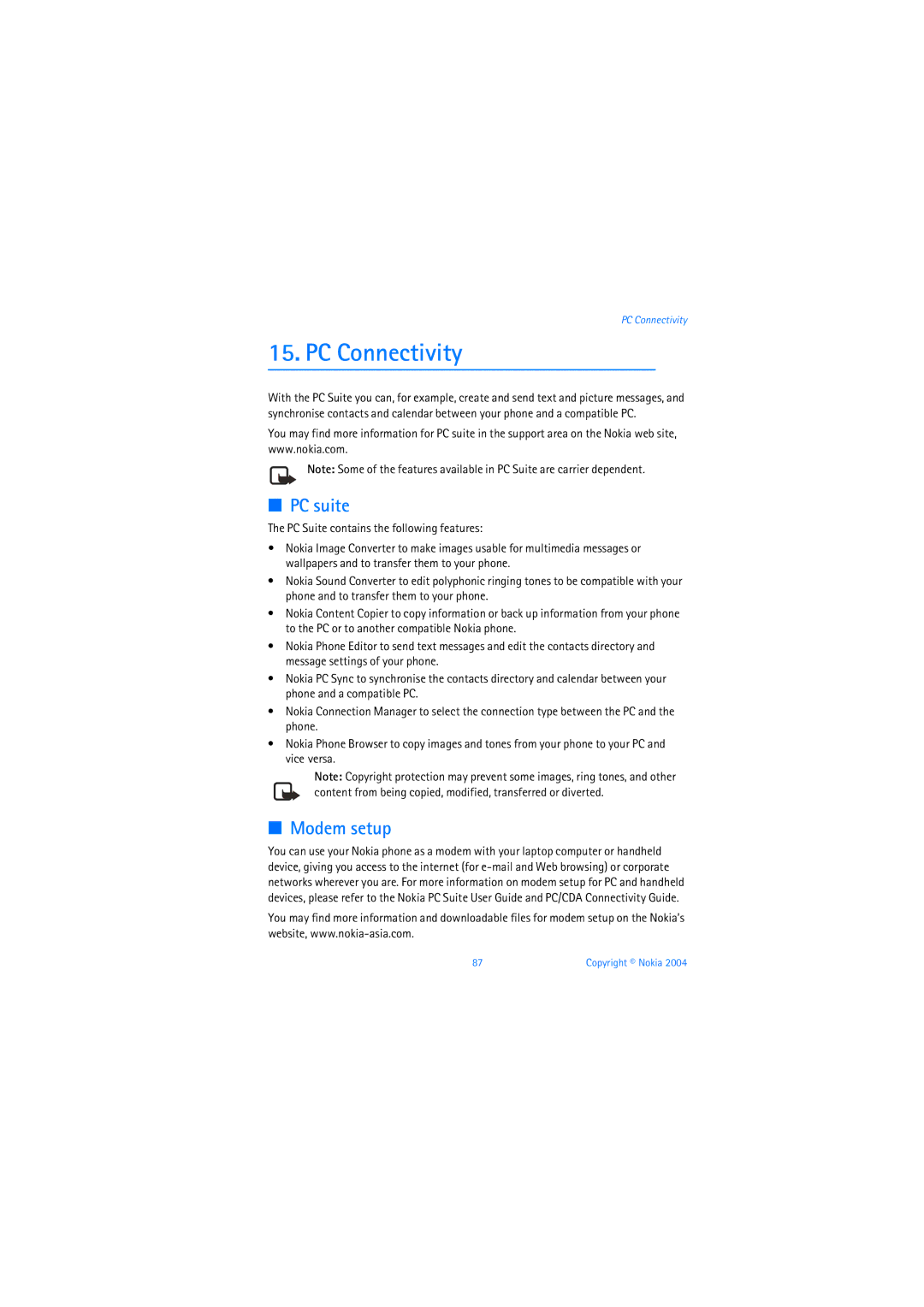 Nokia 6019i warranty PC Connectivity, PC suite, Modem setup 